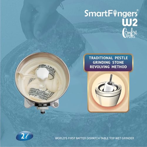 Image of SmartFingers Comfort + Table Top Wet Grinder 230V, 2 Liter, White with Coconut Scrapper & Atta Kneader Attachment | Hands-Free Batter Dispenser | Top Wiper, 150W Motor | 5 Years Warranty | AISI 304