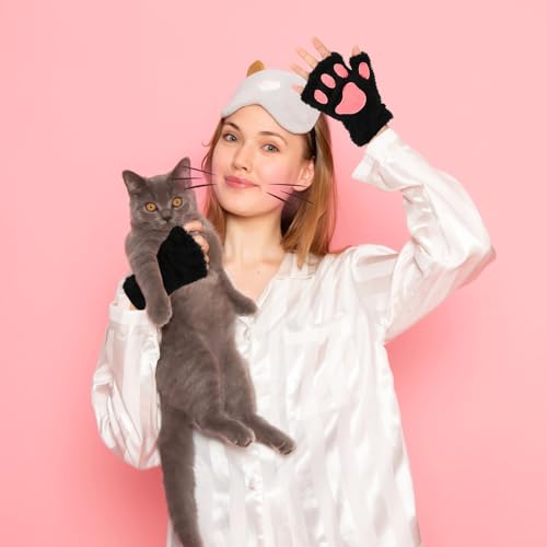 COMNICO Katzenpfoten Handschuhe Weiche Plüsch fingerlose Katzenfäustlinge Cartoon Tier Katze Krallen Winterhandschuhe Halloween Weihnachten Cosplay Kostümzubehör (Schwarz)