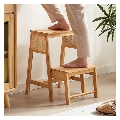 Taburete plegable de 2 escalones con capacidad de 150 kg, taburete 2 en 1 y estante de almacenamiento para armario, biblioteca, dormitorio y cocina (natural)