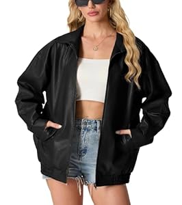 GRECERELLE Lederjacke Damen Kunstlederjacke Reverskragen Lange Ärmel Übergangsjacke Reißverschluss Bikerjacke Damen Lässig Motorrad Jacke Frauen (Schwarz, L)