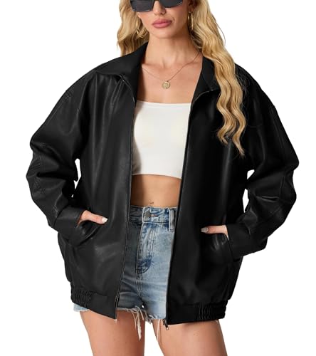GRECERELLE Lederjacke Damen Kunstlederjacke Reverskragen Lange Ärmel Übergangsjacke Reißverschluss Bikerjacke Damen Lässig Motorrad Jacke Frauen (Schwarz,L)