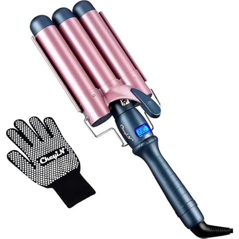 CkeyiN 3 Barrel Hair Waver, 32mm Mermaid Waver with LCD Display 16 Temperature, 30s Quick Ceramic Heating Waver Curling Wand for Long Short Hair with Anti-Scald Glove Cover
