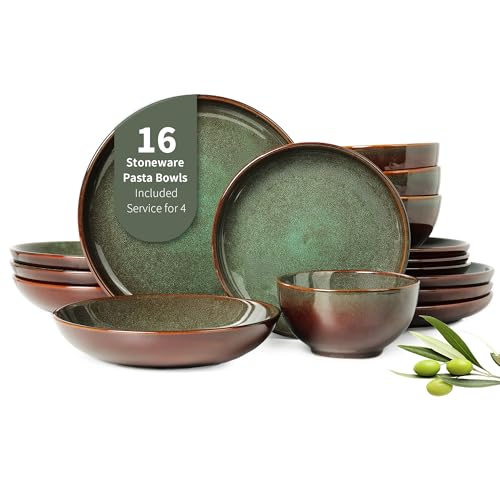 Image of Pokini 16 Piece Double Bowl Dinnerware Sets with Pasta Bowls, Highly Chip and Crack Resistant Plates and Bowls Sets, Natural Earthyware Ceramic Dishware Sets, Service for 4 Sage Green