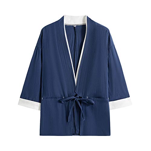 Image of Mens Japanese Kimono Cardigan Cotton Linen Haori Fashion 3 /4 Sleeve Yukata | Shawl Collar Kimono Jacket Robe Embroidery Patchwork Happi Coat Tie Pockets Lightweight Outerwear Daily Casual All Seasons