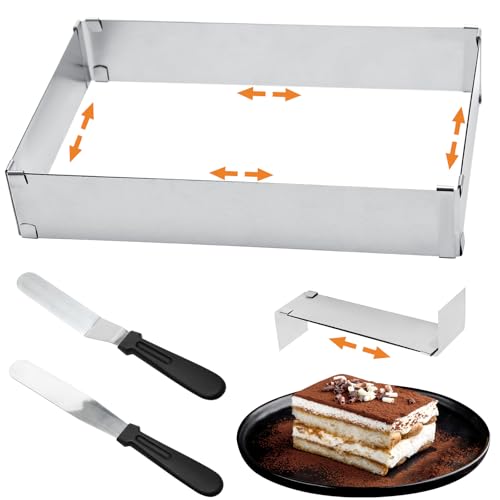 Juibao Backrahmen Rechteckig Verstellbar 5cm Hoch, Edelstahl Tortenring Eckig mit Teiler und Spatel, Backrahmen Kuchenform Eckig für Tiramisu, Schichttorten, Torten, Pizza