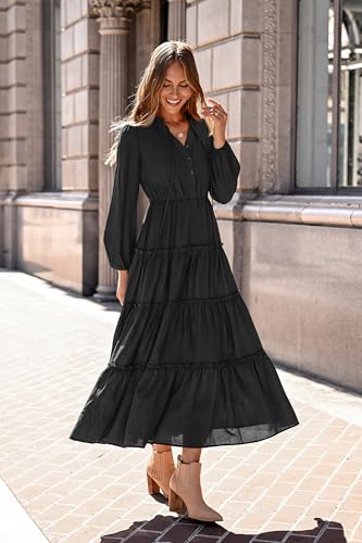 MASCOMODA Fall Long Sleeve Maxi Dresses for Women 2025 Casual Boho Button Ruffle Neck Tiered A Line Flowy Wedding Guest Dress3