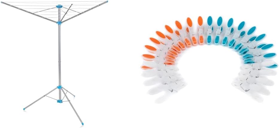 Minky Freestanding Portable Rotary Airer Washing Line for Indoor, Outdoor, or Camping Use & Beldray Ultra Grip Clothes Garment Indoor/Outdoor Pegs, Resistant To Rust & Moisture,24 Pack