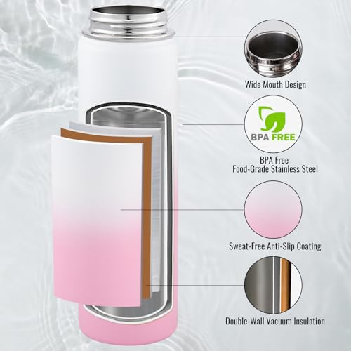 Image of Fijinhom Insulated Water Bottle with Handle, 304 Stainless Steel Water Bottles with Wide Mouth, Double Wall Vacuum Sports Water Bottle, BPA Free, Keep Cold and Hot, 24 Ounces, Strawberry Milk