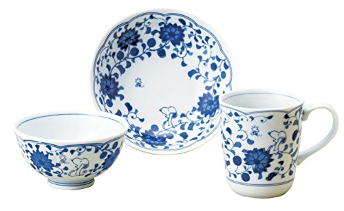 Sunupii 630741 Indigo Arabesque Rice Bowl, Mug, Pot, 3-Piece Set, Comes in a Presentation Box