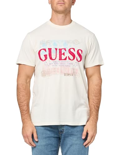 Image of GUESS Men's Eco World Stamps Logo Tee, Pearl White Multi, XL