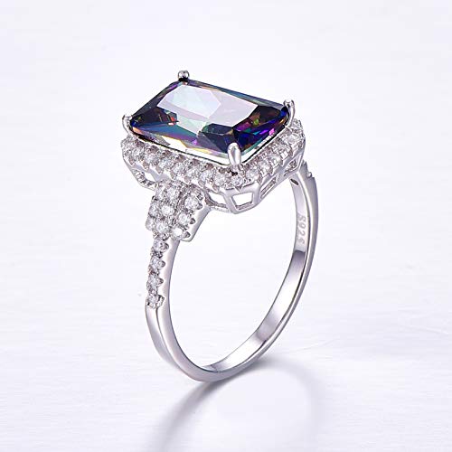 6.85CT Promise Rings for Her, 925 Sterling Silver Ring 8x12mm Simulated Mystic Rainbow Topaz CZ Halo Engagement Wedding Rings for Women3