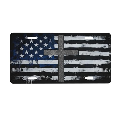 UEQIKI American Flag Cross Car License Plate 6x12 Inch