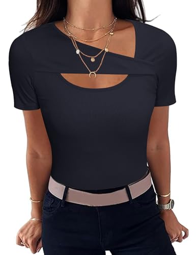 Aottori T-Shirt Verano Mujer Camiseta Manga Corta Básica Tops Cuello Redondo Elegante Camisetas de Punto Acanalado Ligero Casual Túnica Azul Marino S