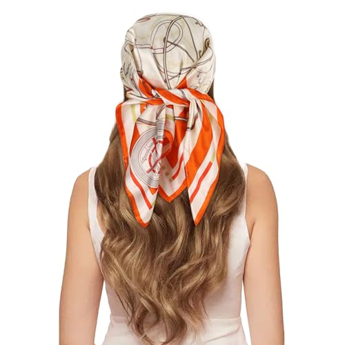 EXTREE 100% Pure Mulberry Silk Scarf Fashion Hair for Women Scarf Lightweight Square Neckerchief 27.5× 27.5 inches Balance Wagon Orange