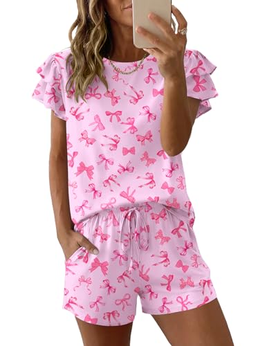 Image of Ekouaer Womens Pajama Sets 2 Piece Ruffle Sleeves Top and Shorts Pjs | Soft Sleepwear Cute Loungewear Set with Pockets for Sleep, Lounge, Wedding, Party, Bridal
