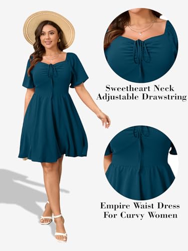 Image of RWJ Women Plus Size Summer Dress Short Sleeve Tie Front Sweetheart Neck Casual Mini Wedding Guest Dresses 2025