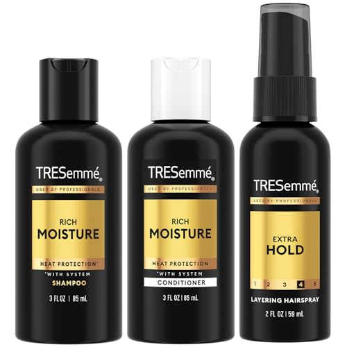 TRESemm Travel Shampoo Conditioner & Hairspray Rich Moisture Hair Products + Non-Aerosol Hair Spray 24H Frizz Control (3 Piece Set)