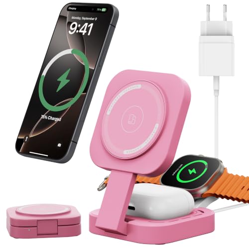 Carga inalámbrica 3 en 1 para Apple Dispositivo, Mini Estación Carga Plegable para Magsafe para iPhone 17/Air/16/15/14/13/12 Serie, Apple Watch Serie y AirPods Pro/2/3/4(Adaptador Incluido) (Rosa) Carga inalámbrica 3 en 1 para Apple Dispositivo, Mini Estación Carga Plegable para Magsafe para iPhone 17/Air/16/15/14/13/12 Serie, Apple Watch Serie y AirPods Pro/2/3/4(Adaptador Incluido) (Rosa)