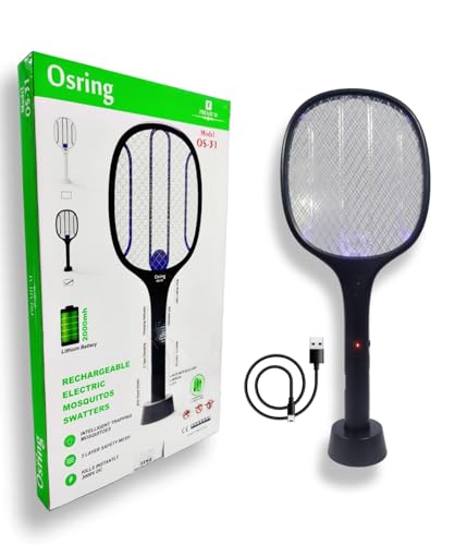 Image of osring 2 in 1 UV Light Mosquito Bat Racket Electric Fly Swatter with Base Stand, Lithium Battery, USB Type-C Charging, Black, Made in India