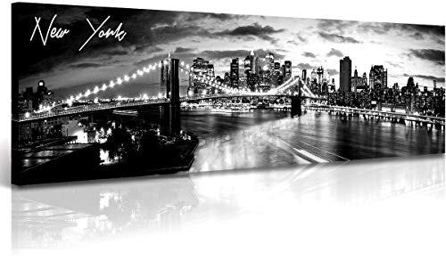 Image of New York Skyline Canvas Wall Art, B&W Brooklyn Bridge Print 13.8x47.3 | NYC Cityscape Print, Bedroom Office Decor, Canvas Wrapped Frame, Wide Panoramic Art, Ready Hang, Urban NY Wall Decor