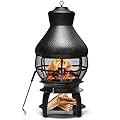 Giantex Wood Burning Chiminea, Heavy Duty Fireplace Chimenea Wooden Fire Pit with 2-Piece Log Grate, Premium Rain Cap & Fire Poker, 360°Fire Retardant Mesh Cover, Ideal for Garden, Patio, Backyard