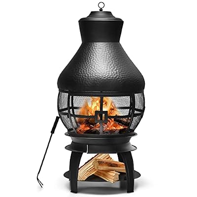 Giantex Wood Burning Chiminea, Heavy Duty Fireplace Chimenea Wooden Fire Pit with 2-Piece Log Grate, Premium Rain Cap & Fire Poker, 360°Fire Retardant Mesh Cover, Ideal for Garden, Patio, Backyard