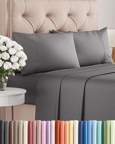 Image of Twin 4 Piece Bed Sheet Set - Comfy, Breathable & Cooling Sheets - Dark Grey | Ultra Soft Hotel Luxury Bedding Set with 8-16 Inch Deep Pockets, 1 Flat & 1 Fitted Sheet & 2 Pillowcases, Wrinkle & Fade Free