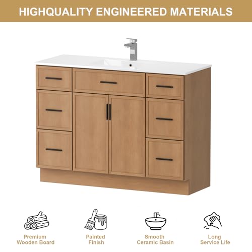 Image of 48 Inch Bathroom Vanity with Sink, Freestanding Bathroom Vanity Cabinet with 6 Drawers & 2 Doors, Modern Farmhouse Bathroom Sink Cabinet with Ceramic Basin, Floor Standing Storage (48 inch)