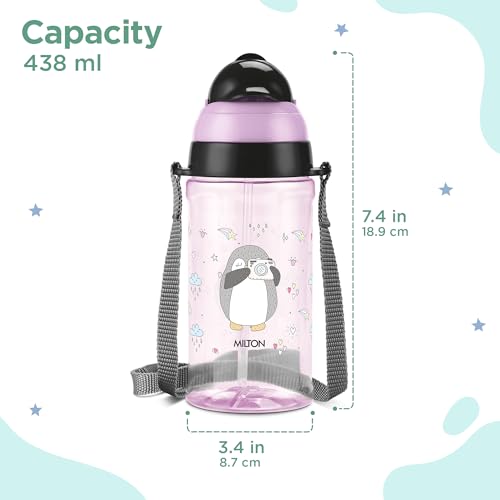 Image of MILTON Smilo 450 Sipper Water Bottle for School Kids | Food Grade & BPA Free | Leak Proof & Durable | Easy to Carry Loop | Ideal for Home, School & Office Use, 438 ml, Purple