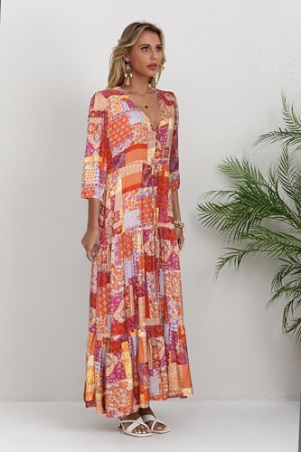 Image of Women Short Sleeve V Neck Floral Print Casual Bohemian Maxi Dresses