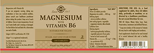 Solgar Magnesium With Vitamin B6, 100 Tablets - Promotes Healthy Bones, Supports Nerve & Muscle Function, Energy Metabolism - Non-Gmo, Vegan, Gluten Free, Dairy Free, Kosher - 33 Servings #TOP5