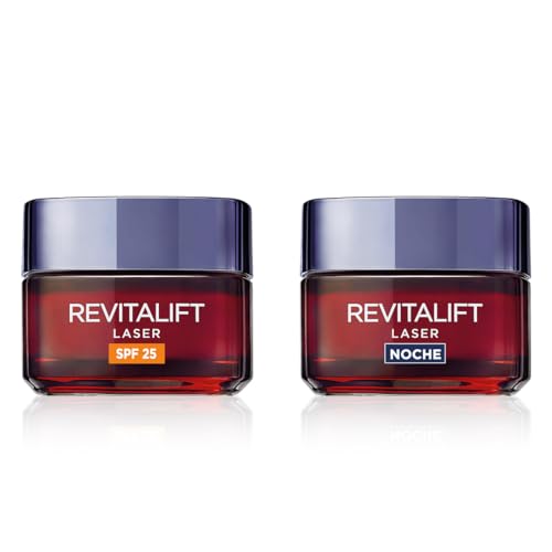 Rutina L'Oréal Paris Revitalift Láser Set de Crema de Día Hidratante con Protección Solar SPF 25 Antiarrugas y Crema de Noche Anti-Edad, Triple Acción, 50 ml cada una. Inspirado en Cosmética Coreana.