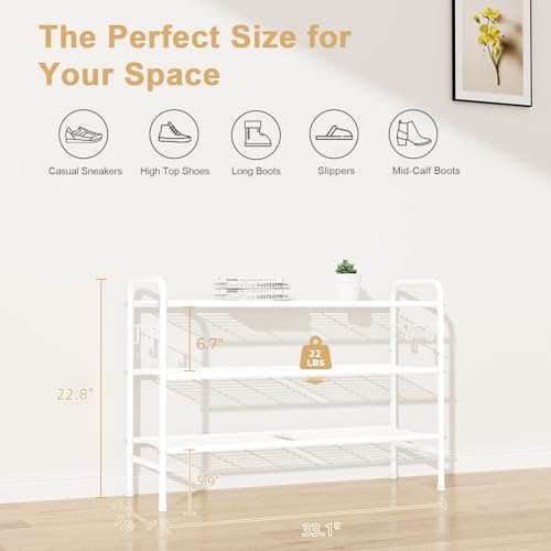 Image of VILICK 3 Tier Shoe Rack 33 inch Wide Metal Shoe Organizer Long Shoe Storage with 4 Side Hooks Sturdy Shoes Shelf for Front Door Entrance, Closet, Garage, Dorm, White