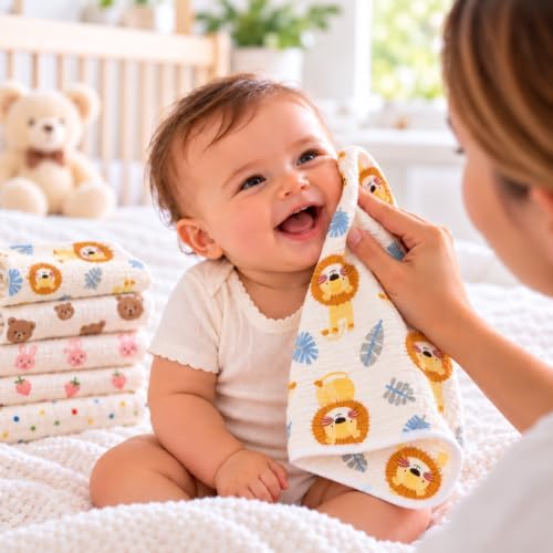 Baby Muslin Washcloths, 5 Pack, 100% Cotton, 4 Layer, 10x10 Inches, Brown Hearts — 사진 6