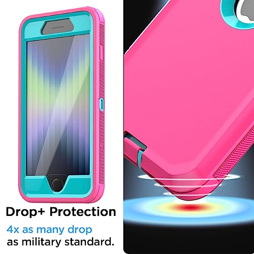 Image of AICase for iPhone SE Case 3rd & 2nd Generation, for iPhone SE 2022 /2020 Built-in Screen Protector Heavy Duty Protective Shockproof 3-Layer Full Body Rugged Phone Cover, Pink /Aqua Blue