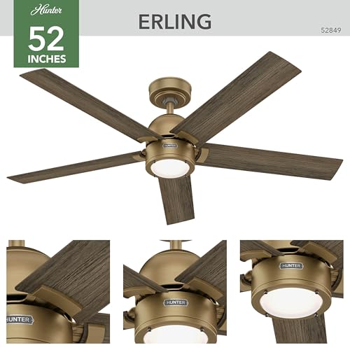 Image of Hunter 52 Inch Indoor Ceiling Fan with LED Light and Remote Control - Gold Modern Ceiling Fan, 5 Blades and 6 Speed WhisperWind Motor, For Bedroom, Living Room or Kitchen, ENERGY STAR - Erling, 52849