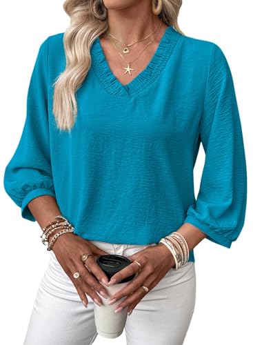 SHEWIN Women Tops Tunic 3/4 Length Sleeve Shirts Solid Smocked V Neck Dressy Blouses Business Work...