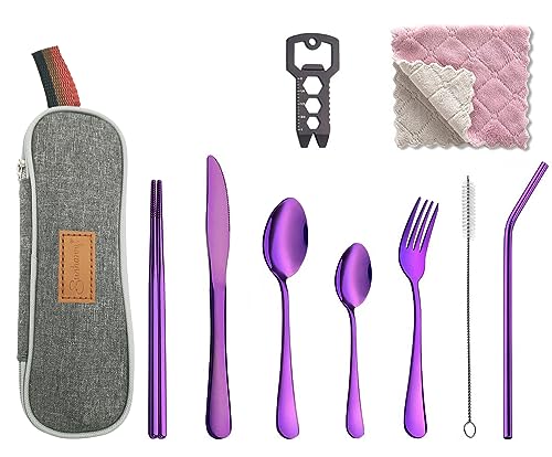 Sunhanny Travel Utensil Set, Reusable Utensils with Case, Portable Flatware including Knife Fork Spoon Chopsticks Cleaning Brush Straws Multi-Tool Dish Cloth (Purple)