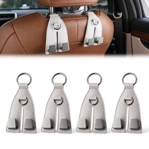 Image of Premium Leather Wrapped Design (Gray, 4pcs) | Double Hook Storage | Space Saving Car Organizer | Easy Headrest Installation