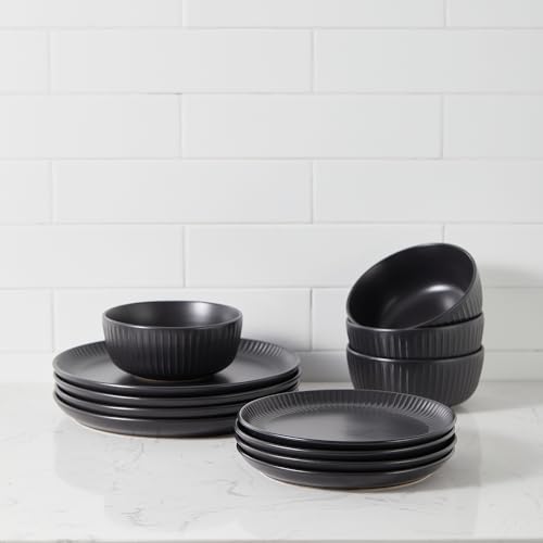 Image of Stone Lain Logan 12 Pieces Stoneware Dinnerware Set, Black