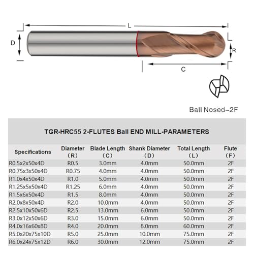 Image of Carbide Ball Nose EndMill HRC55 Double Edge 2 Flute AlTiN Coating Tungsten Steel Color-Ring Milling Cutter for Metal Steel TGR Series 11pcs Set
