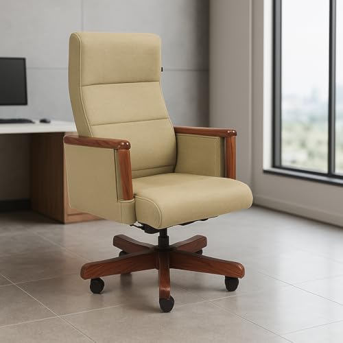 Image of High Back Executive Office Chair with Wooden Armrests & Wooden Wheel Base | Swivel, Height Adjustable Director Chair | Upholstered Ergonomic Desk Chair for Office & Home | Cream