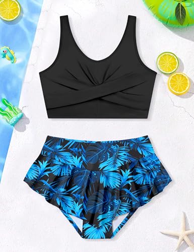 Image of Qaoerde Girls Swimsuit Tropical Print Bikini Set with Ruffle Hem Two Piece Criss Cross Bathing Suits for Girls 7-16 Years