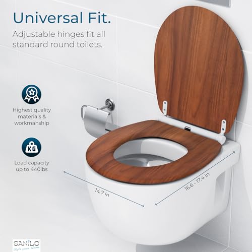 Image of Sanilo Wooden Toilet Seat with Quick Release & Soft Close [ROUND] - Decorative & Slow Close Molded Wood Seat - With One Click for Easy Installation & Cleaning - With Adjustable Fit (Mahogany)