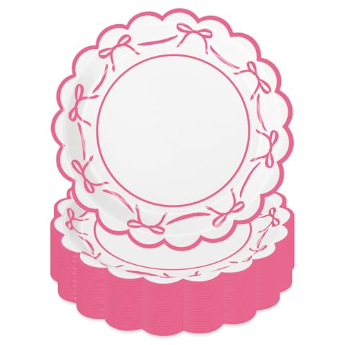 JarThenaAMCS 50Pcs Rose Pink Bow Paper Plate Scalloped Bowknot Disposable Plates 9 Inch Decorative Dinner Plate for Birthday Party Table Decor