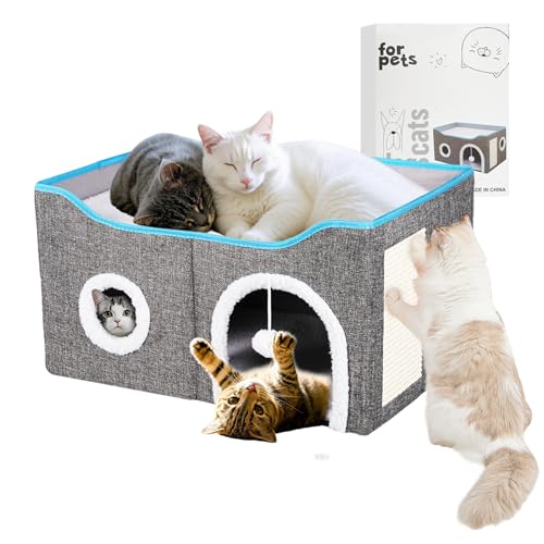 Cat House for Indoor Cats – Foldable Cat Bed Cave with Scratch Pad, Fluffy Ball, and Cat Hole – Durable & No Sagging Cat Condo, Cat Hideaway for Multiple Kittens