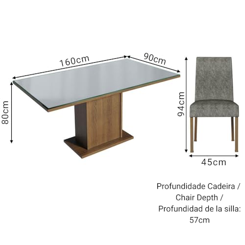 Image of Madesa 4 Seater Dining Set Rectangular Glass Table Top Sturdy Wooden with Fully Cushioned Seats 160 Cm for Dining Room and Kitchen - Brown /Gray