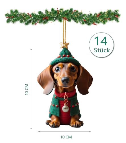 T TAKONE 14 Stück Dackel Dekoration, 2D Acryl Flachdackel Anhänger, perfekt als Christbaumschmuck und Weihnachtsdekoration für das Auto