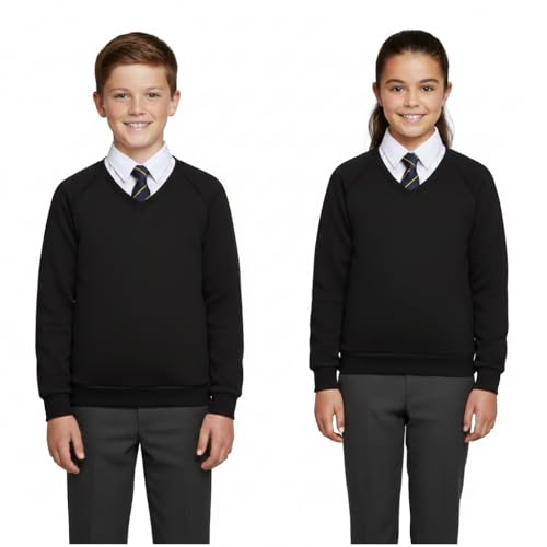Kids School Jumper V Neck Sweatshirt - V Neck Jumper Black 2 Pack 13-14