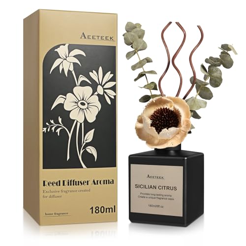 Aeeteek Juego de difusor de varillas aromáticas de cítricos sicilianos y naranja dulce con flores secas, 180 ml, ambientador de larga duración con varillas difusoras, fragancia para el hogar para